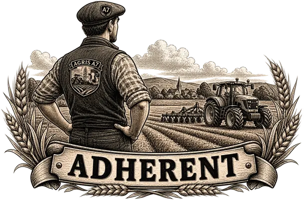 Gravure d’un agriculteur devant son champ, bandeau « Adhérent »