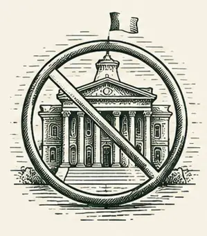 Panneau d’interdiction barrant un bâtiment institutionnel à colonnes, symbole d’une association apolitique