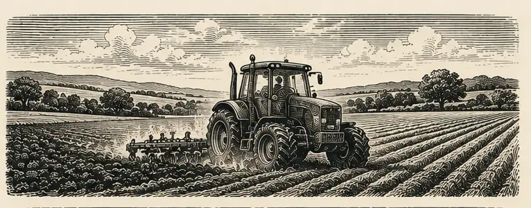 Gravure d’un tracteur labourant un champ sous un ciel nuageux