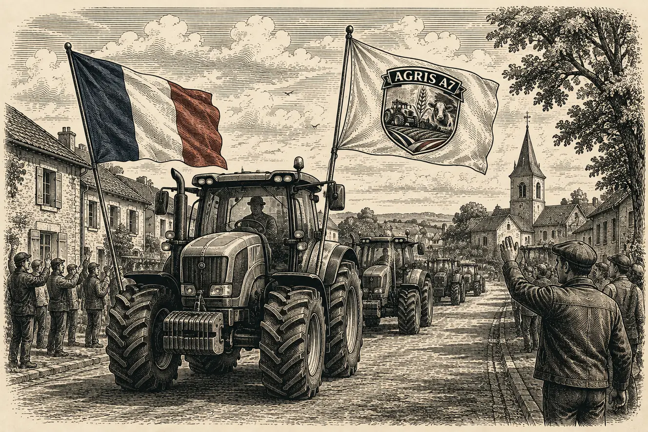 Convoi de tracteurs aux drapeaux traversant un village, des habitants les saluent sur le bord de la route