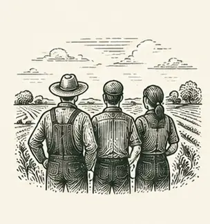 Trois agriculteurs, de dos, regardent leurs champs