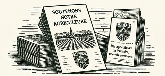 Pile de flyers « Soutenons notre agriculture » et de brochures AGRIS A7