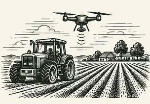 Tracteur et drone au-dessus d’un champ cultivé