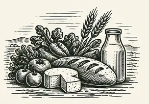 Légumes, pain, fromage et bouteille de lait
