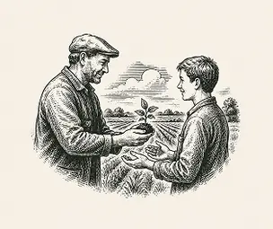 Un agriculteur confie une jeune pousse à un jeune