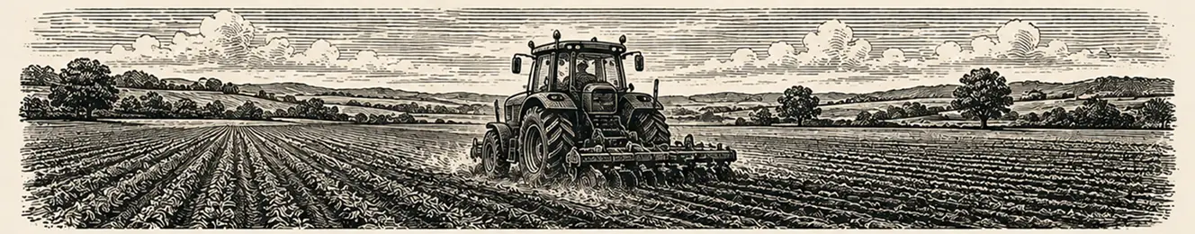 Tracteur au travail dans un vaste champ, gravure