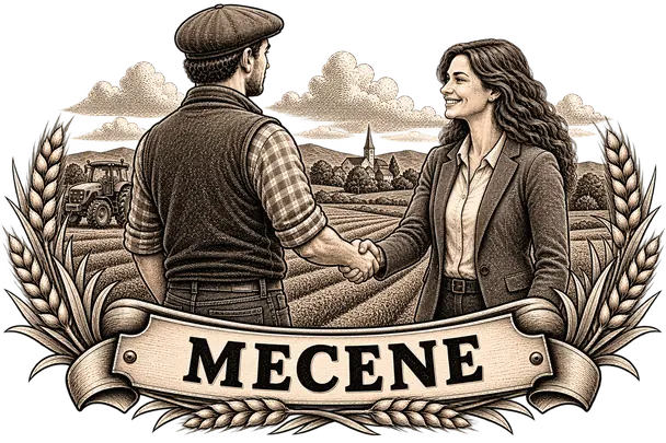 Gravure d’un agriculteur et d’une mécène qui se serrent la main, bandeau « Mécène »