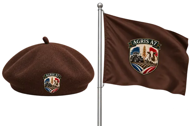 Béret et drapeau marron brodés de l’écusson AGRIS A7, le pack remis aux nouveaux adhérents