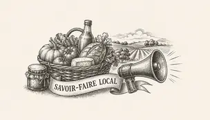 Panier de produits locaux et mégaphone, bandeau « Savoir-faire local »