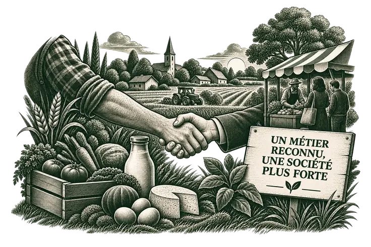 Gravure d’une poignée de main devant des produits de la ferme, panneau « Un métier reconnu, une société plus forte »